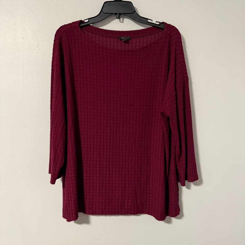 J. Jill Wearever Burgundy‎ Textured Grid Boat Neck 3/4 Sleeve Top XL Burgundy
